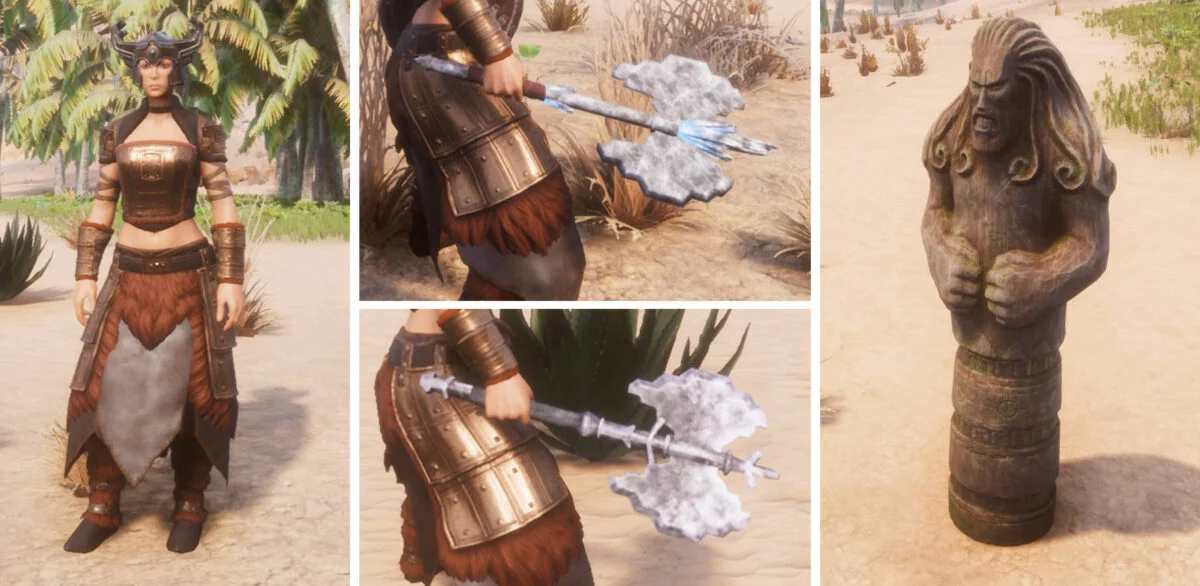 Conan Exiles Frau in nordischer Rüstung, zwei Doppelblatt-Äxte und nordische Holzstatue mit grimmigem Gesicht