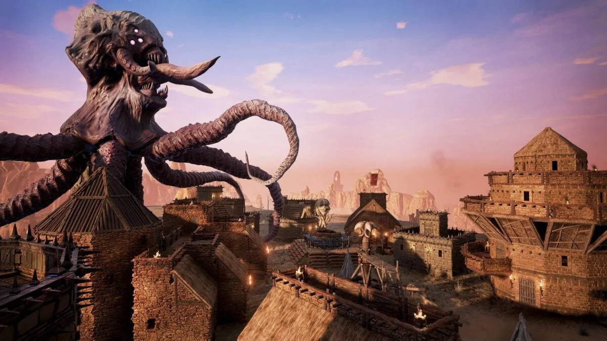Conan Exiles Riesiges chtulhoides Wesen greift eine Siedlung an