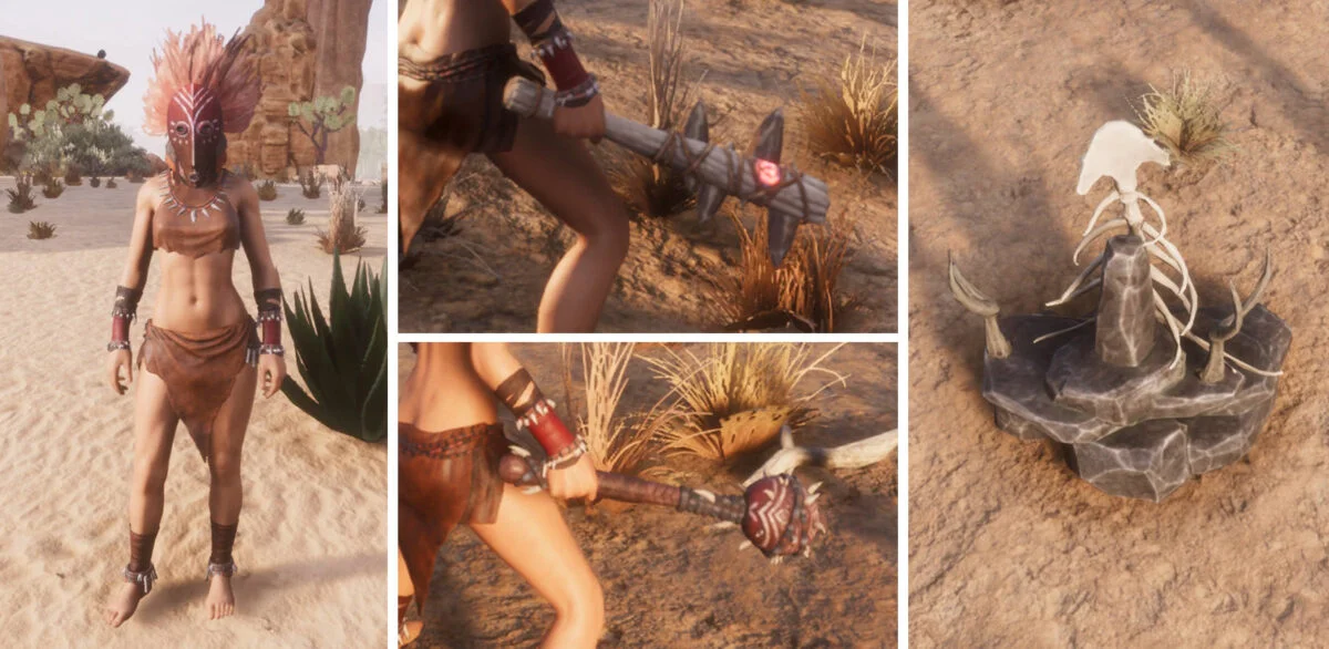 Conan Exiles Frau mit kurzer Lederkleidung und Schamanenmaske, zwei Keulen und ein Steinhaufen mit Skeletteilen