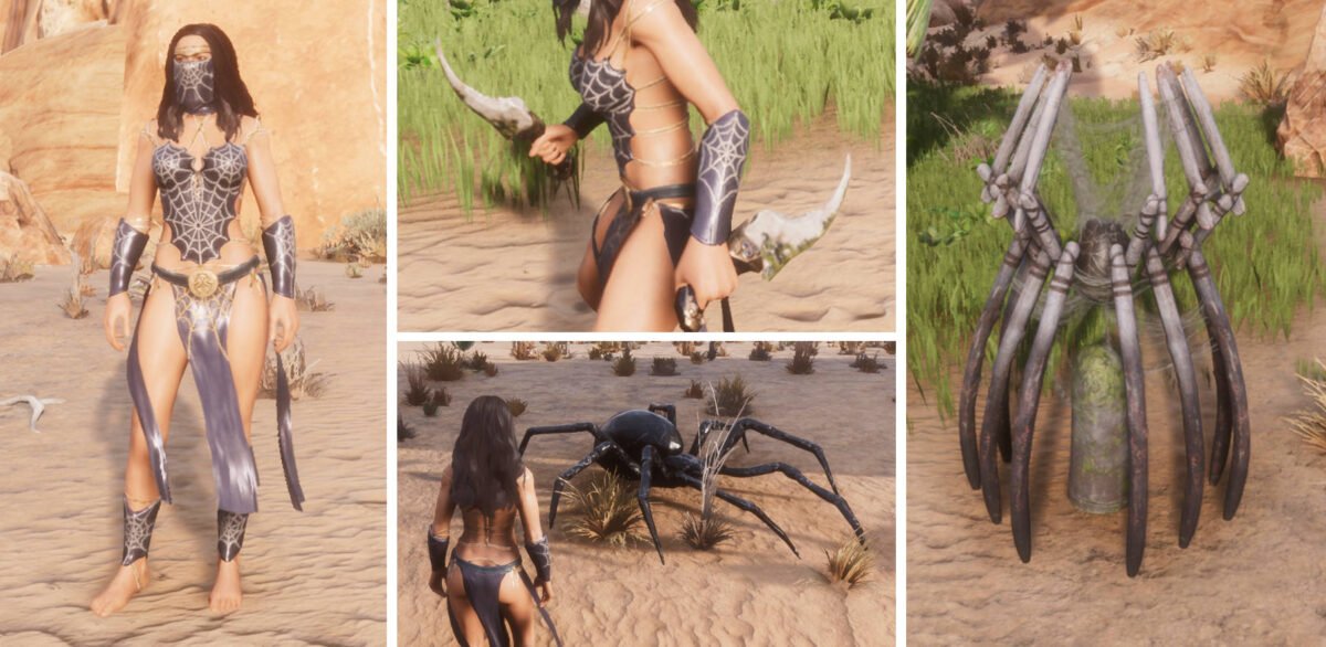 Conan Exiles Frau in Zath-Tänzerinnenrüstung, beidhändige Dolche, eine schwarze Spinne und eine Holzstatue mit Spinnennetz