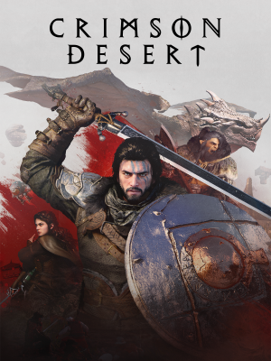 Crimson Desert Key Art: Krieger mit Schwert und Schild im Kampf, begleitet von Gefährten und Drachen vor rotem Hintergrund.