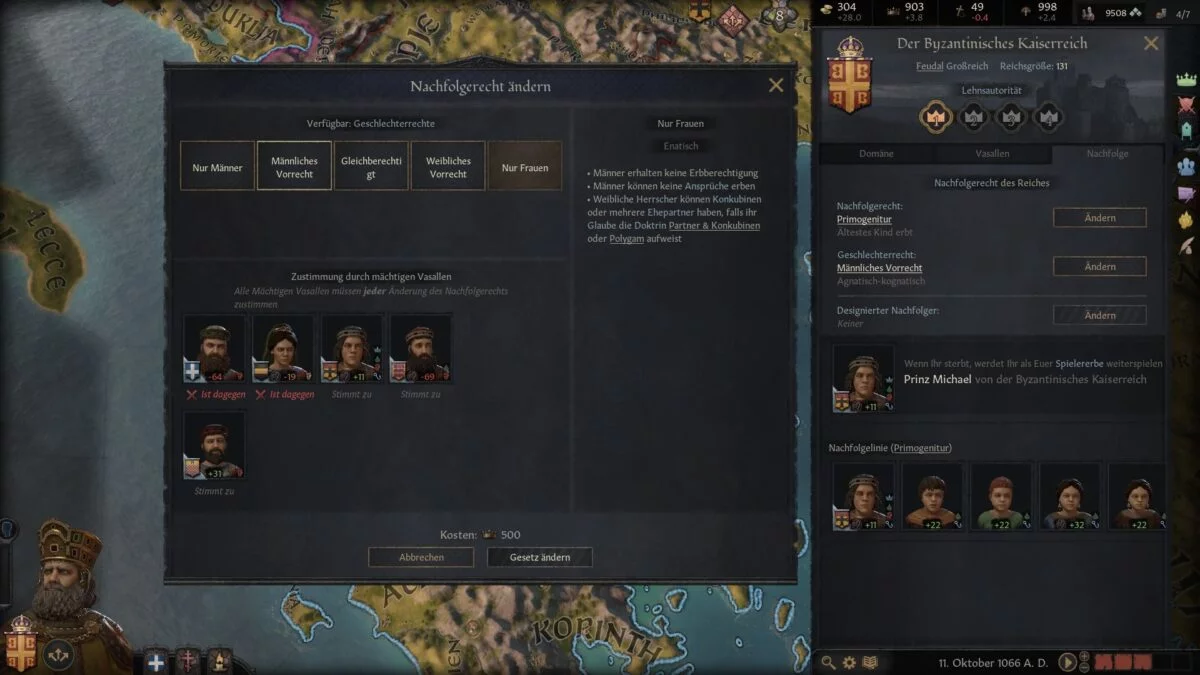 Crusader Kings 3 Succession Law window with alternative succession laws