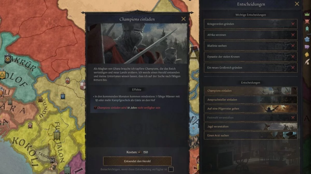 Crusader Kings 3 Invite Knights Decision window with cost overview