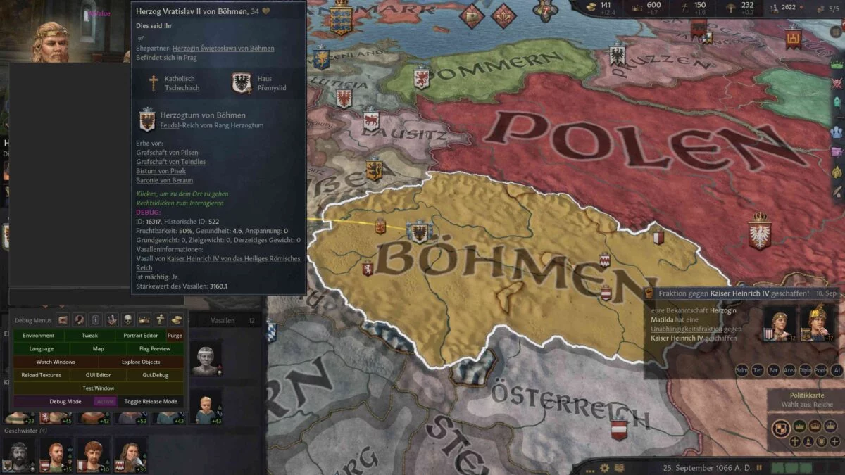 Crusader Kings 3 Kartenübersicht zum Königreich Böhmen mit aktivierter Cheatkonsole mit Herrscher-Infokasten