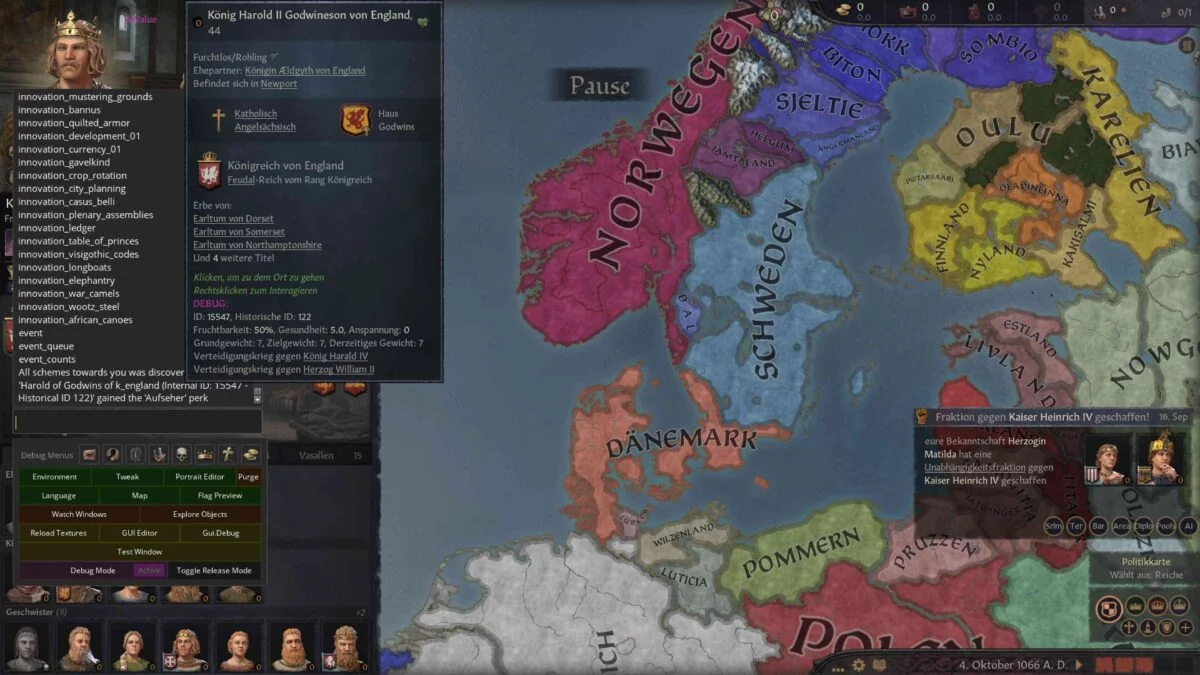 Crusader Kings 3 Übersichtskarte mit England und aktivierter Cheatkonsole, die Innovationen-Liste zeigt