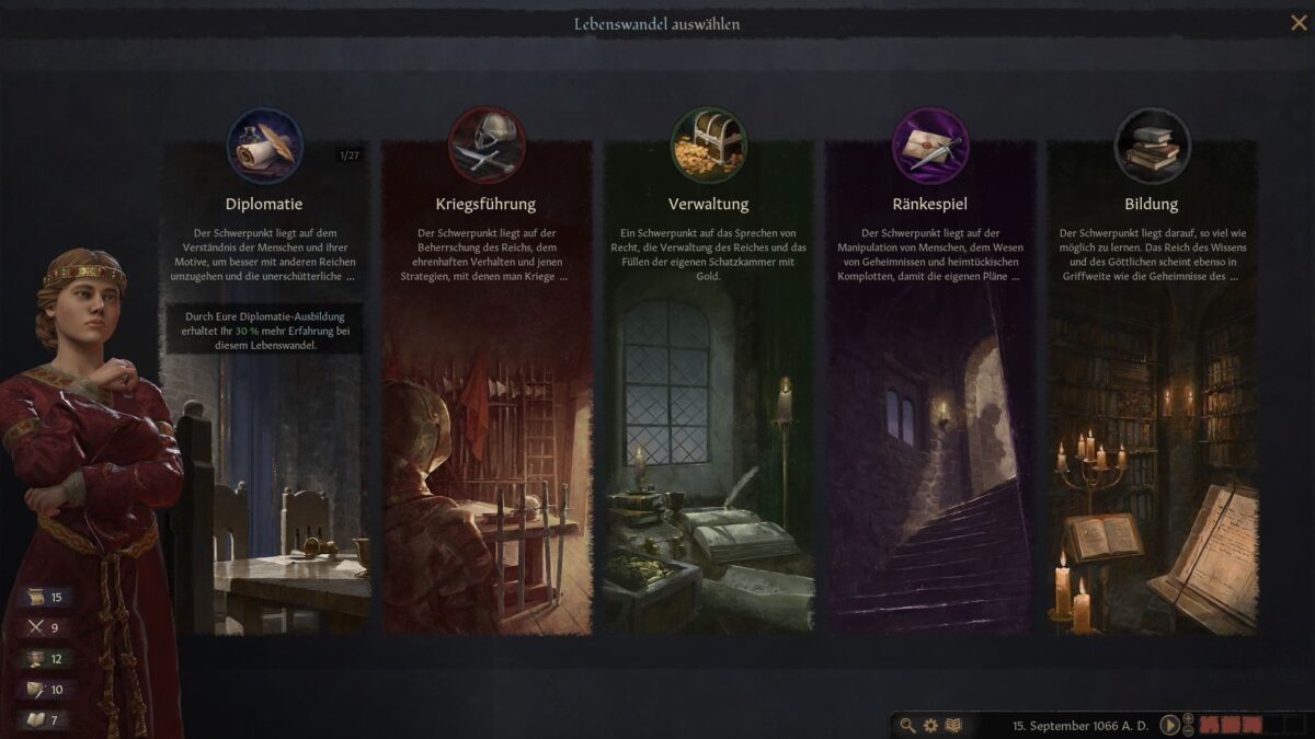 Crusader Kings 3 Five Lifestyle categories as an overview