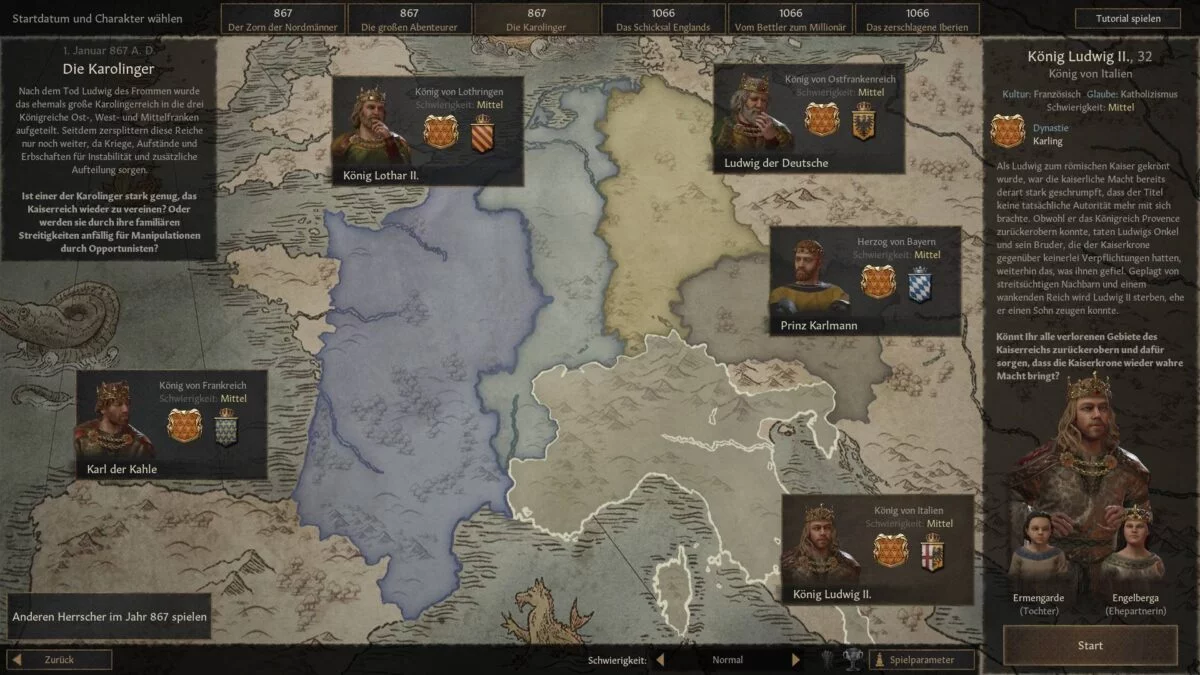 Crusader Kings 3 scenario overview for "The Carolingians".