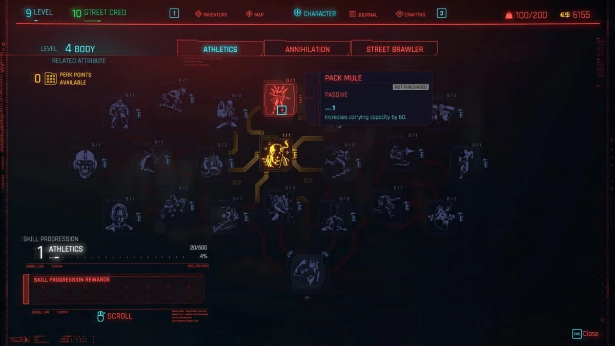 Cyberpunk 2077 Skill Tree Athletics with all Perks