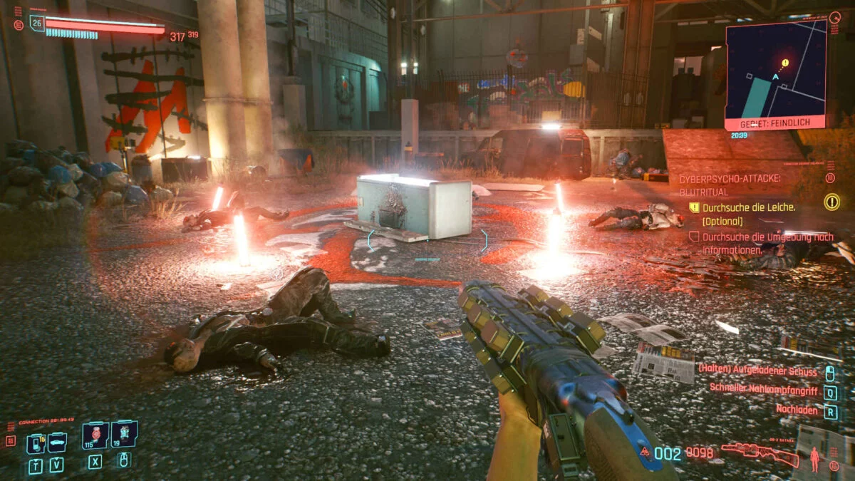 Cyberpunk 2077 Cyberpsychos Ritual place with bloody corpses around lit open freezer