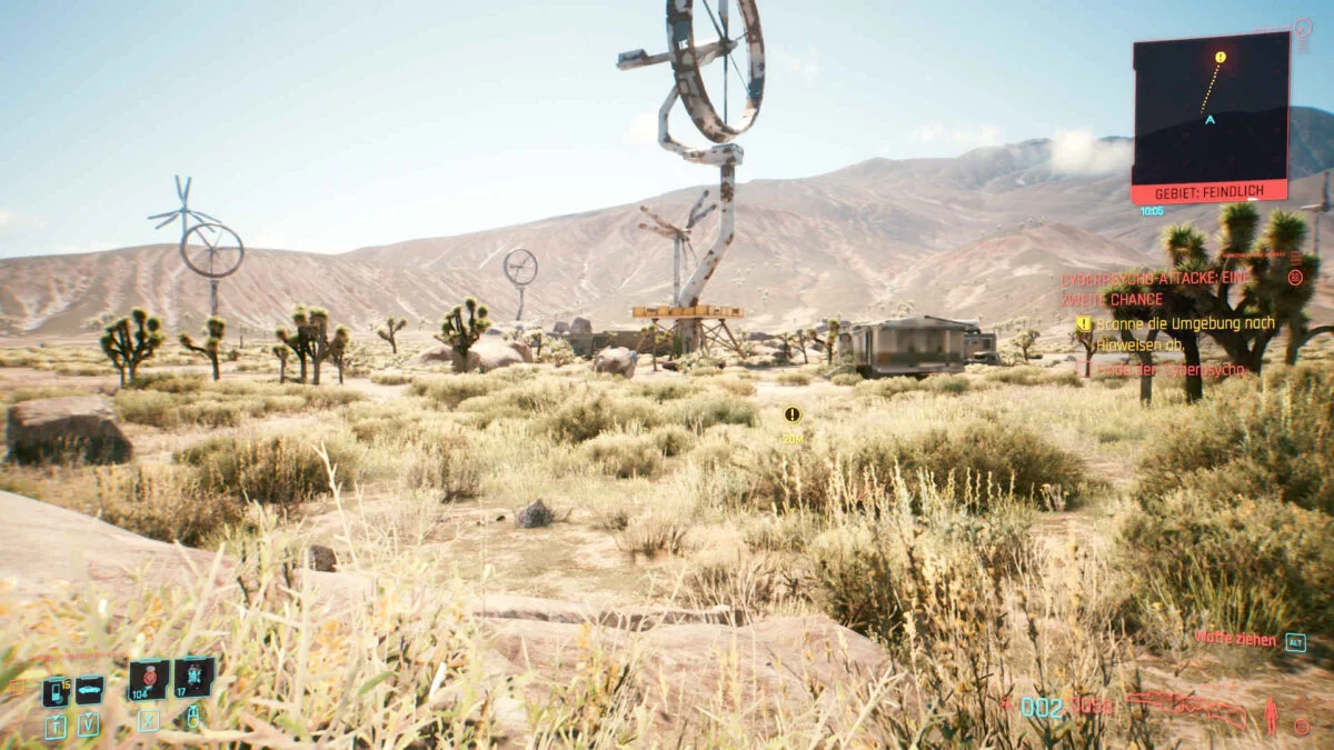 Cyberpunk 2077 Cyberpsychos rusty wind turbine in Mojave desert used as a combat area