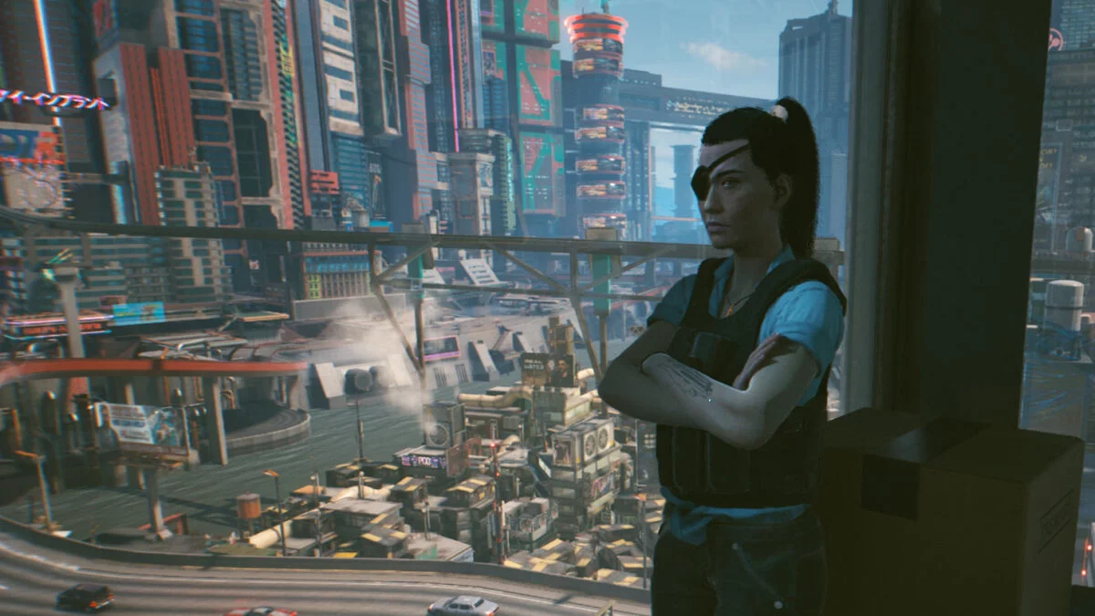 Cyberpunk 2077 Cyberpsychos Fixer Regina Jones stands next to a panoramic window overlooking Night City