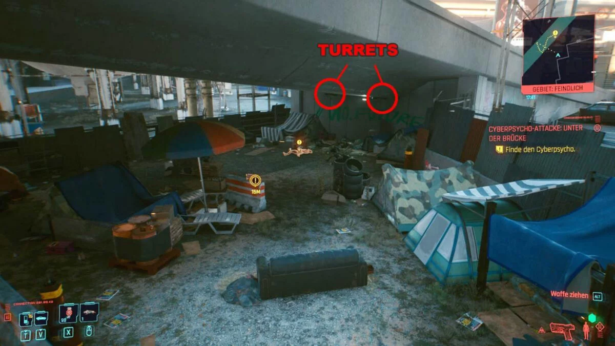 Cyberpunk 2077 Cyberpsychos homeless camp under a bridge with marked gun positions