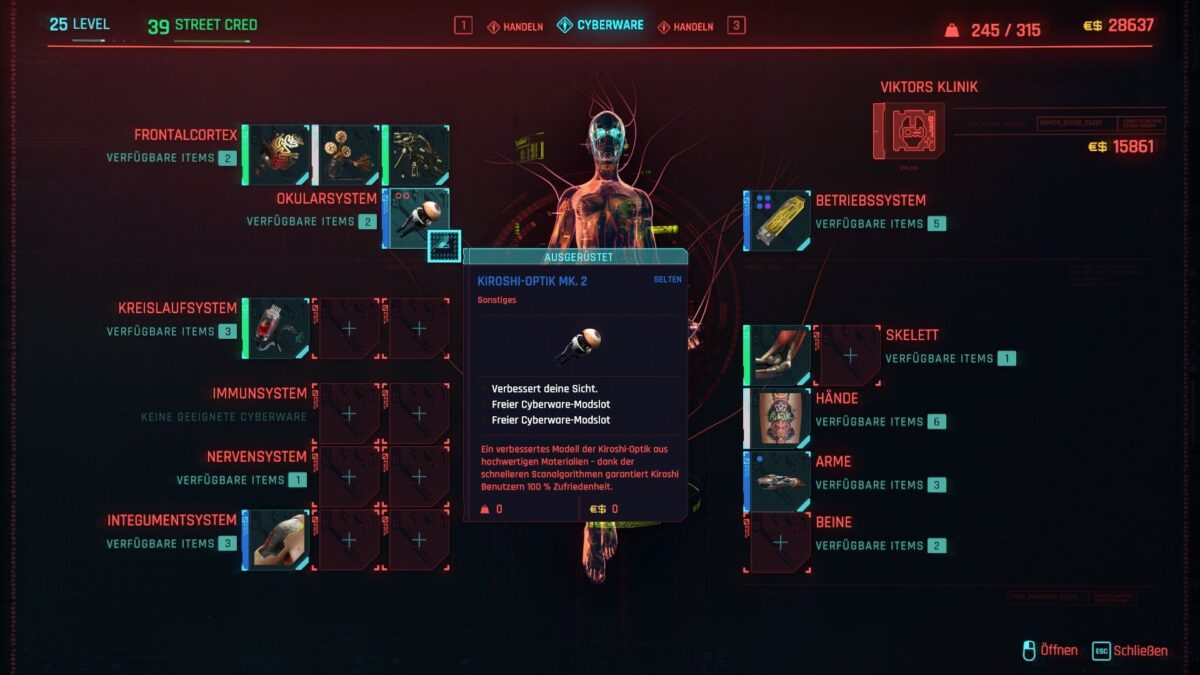 Cyberpunk 2077 Cyberware-Guide Cyberware-Übersicht mit bereits installierter Cyberware