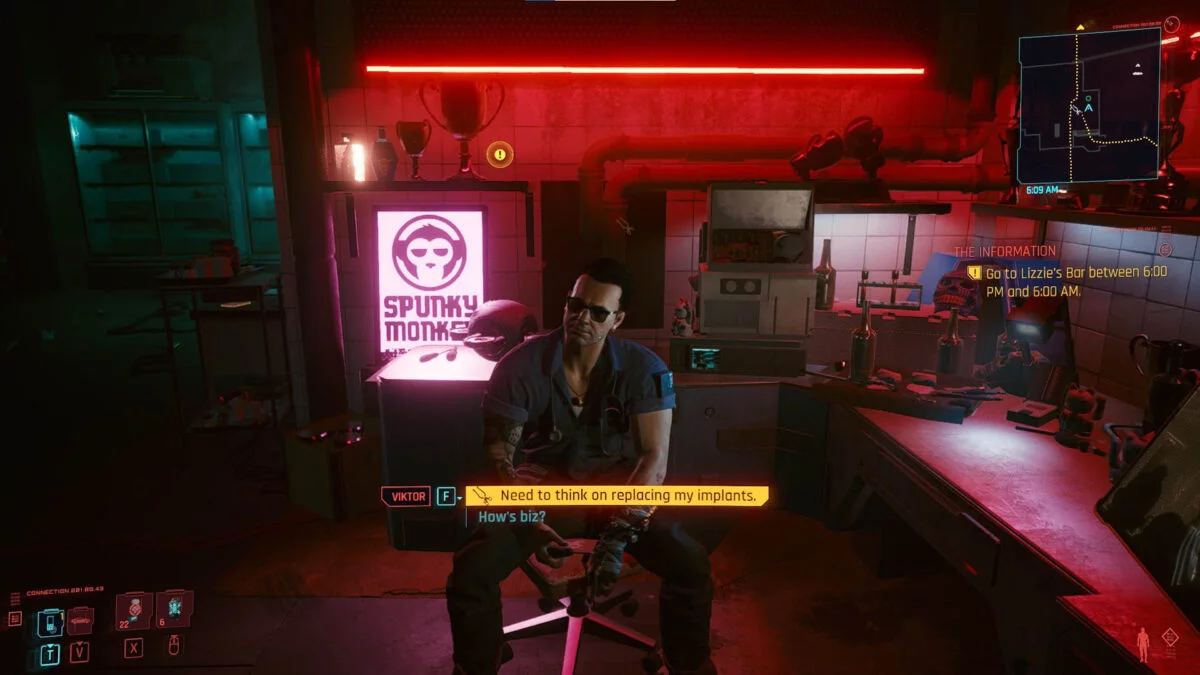 Cyberpunk 2077 Cyberware Guide Ripperdoc Viktor Vektor sits at his worktop and looks at V.