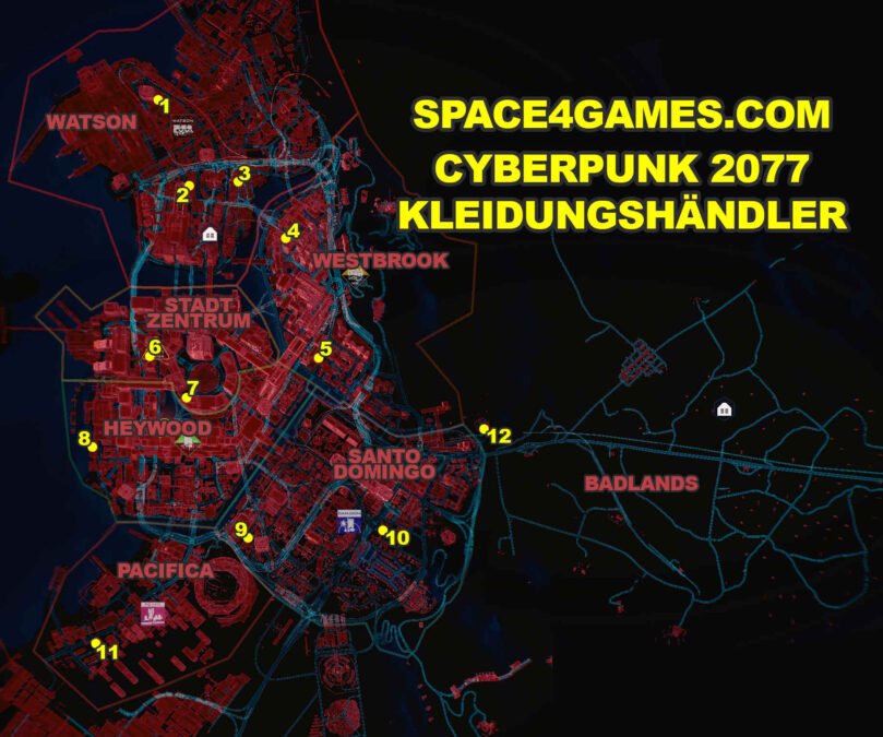 Cyberpunk 2077 Kleidungs-Guide Karte von Night City mit allen 12 Bekleidungshändlern in den Bezirken