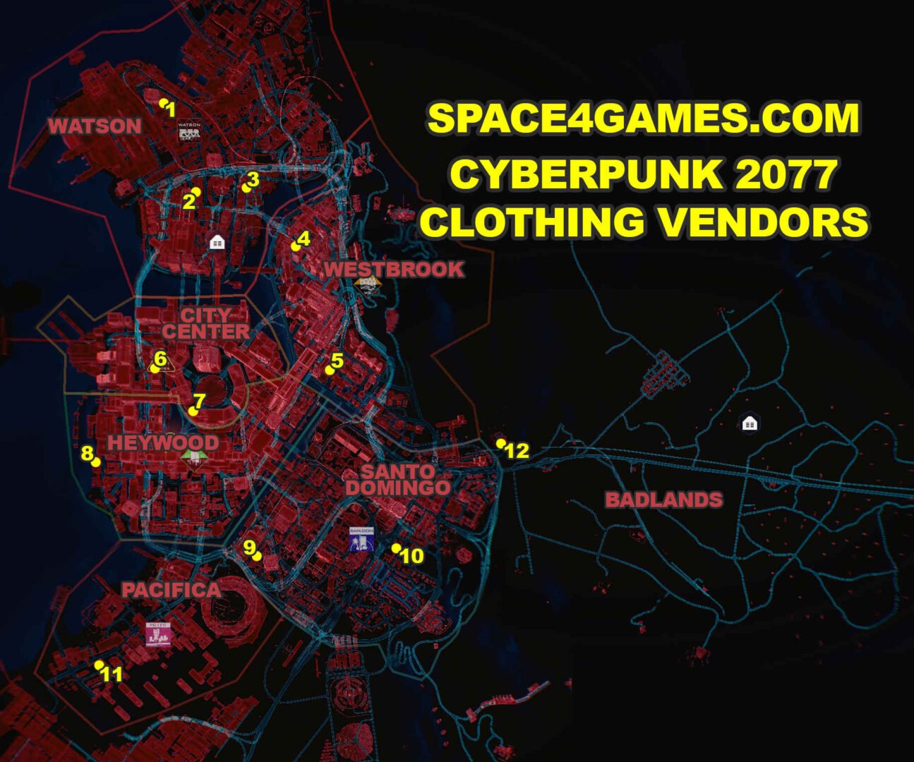 Cyberpunk 2077 Clothing Guide Map of Night City with all 12 Clothing Vendors in the districts.