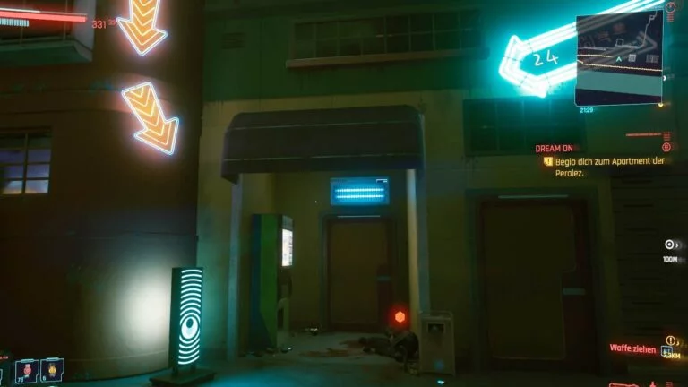 Cyberpunk 2077 Kleidung-Guide Toter Polizist in einem Hauseingang mit Neonpfeilen darüber
