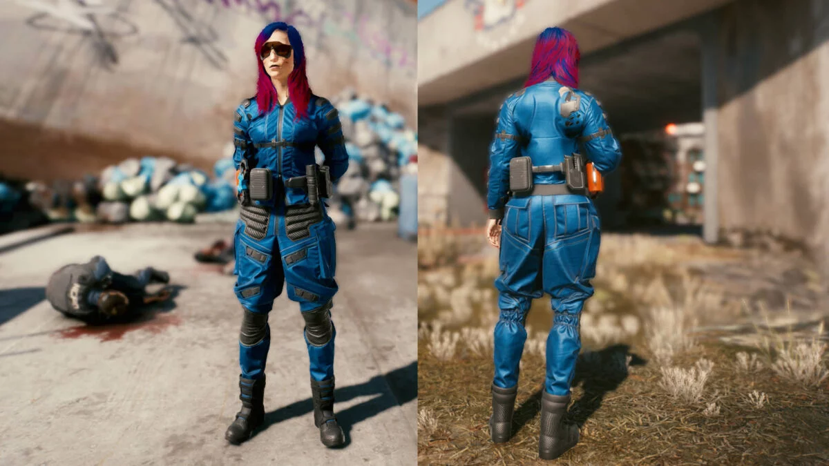 Cyberpunk 2077 Clothing Guide Front and back view of the legendary badge set.