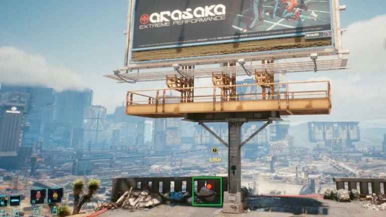 Cyberpunk 2077 Kleidung-Guide Große Arasaka-Werbetafel vor Night City Skyline