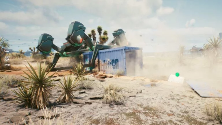 Cyberpunk 2077 Kleidung-Guide Abgestürzte Frachtdrohne in der Wüste mit blauem Frachtcontainer