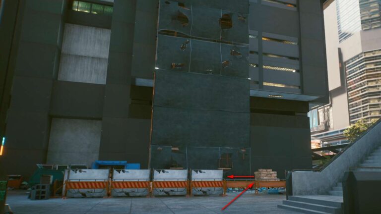 Cyberpunk 2077 clothing guide skyscraper with scaffolding and construction site on the front side
