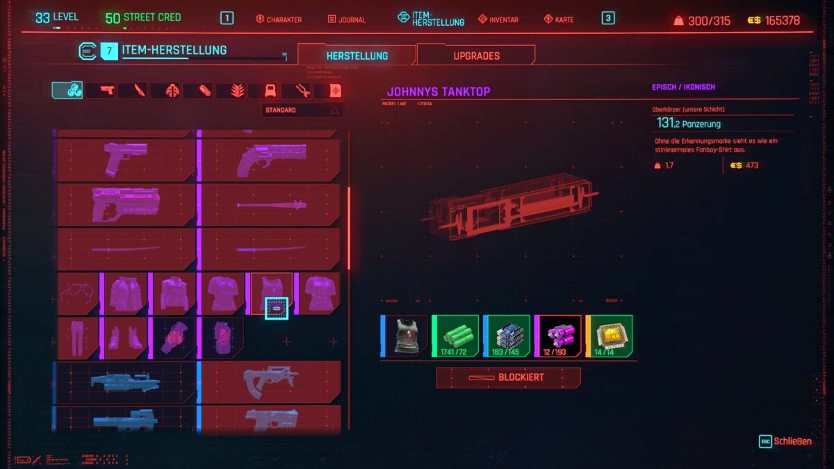 Cyberpunk 2077 Kleidung-Guide Herstellungsschema für Johnny Silverhands Tanktop in epischer Qualität