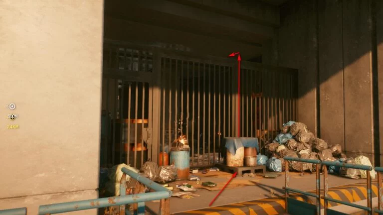 Cyberpunk 2077 Clothing Guide Barred entrance with trash bags and barrels in front of it