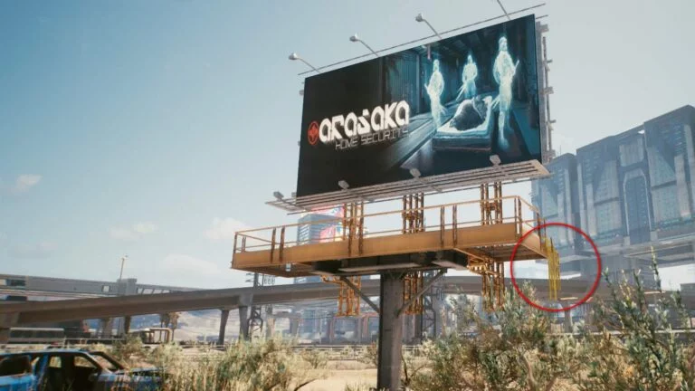 Cyberpunk 2077 Kleidung-Guide Große Arasaka-Werbetafel mit Steg darunter