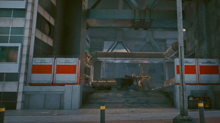 Cyberpunk 2077 Clothing Guide corrugated iron hut under large pipes in the shadow of skyscrapers