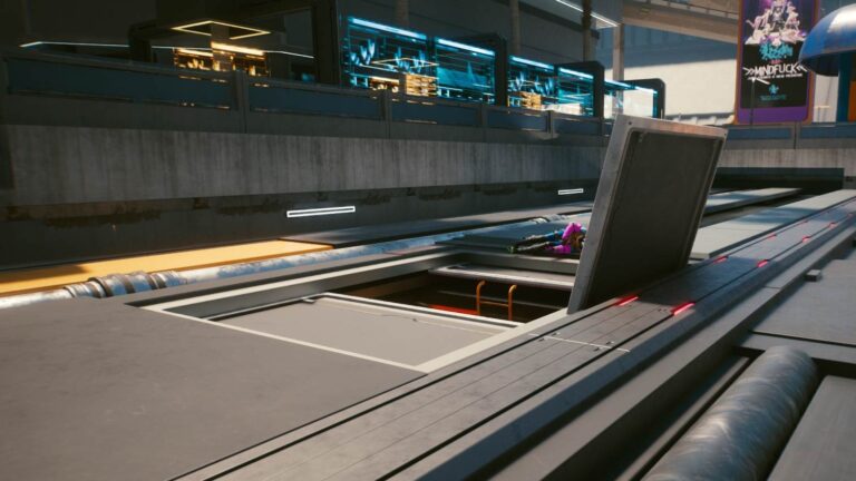 Cyberpunk 2077 Clothing Guide Open maintenance hatch on large pipes in front of neon billboards