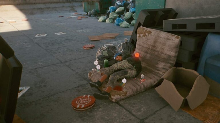 Cyberpunk 2077 Clothing Guide Dead Homeless Lying on Mattress in Littered Environment