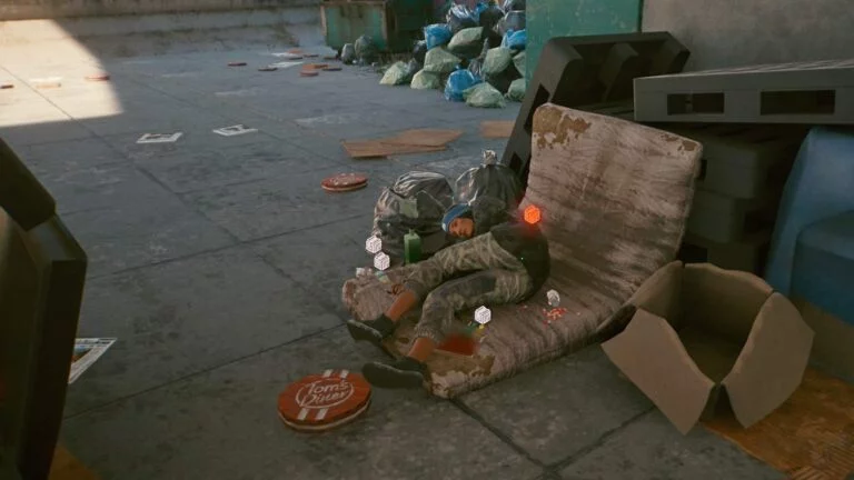 Cyberpunk 2077 Kleidung-Guide Tote Obdachlose liegt auf Matratze in vermüllter Umgebung