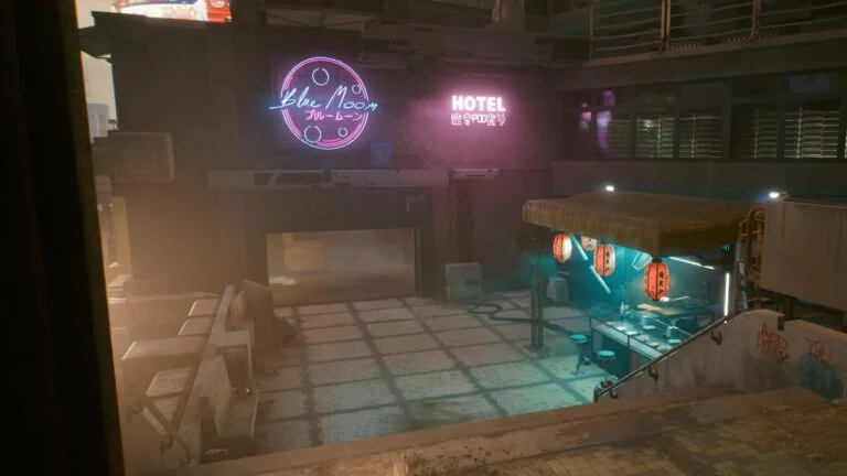 Cyberpunk 2077 Kleidung-Guide Asiatischer Essensstand neben einem Hoteleingang mit Neonschild darüber