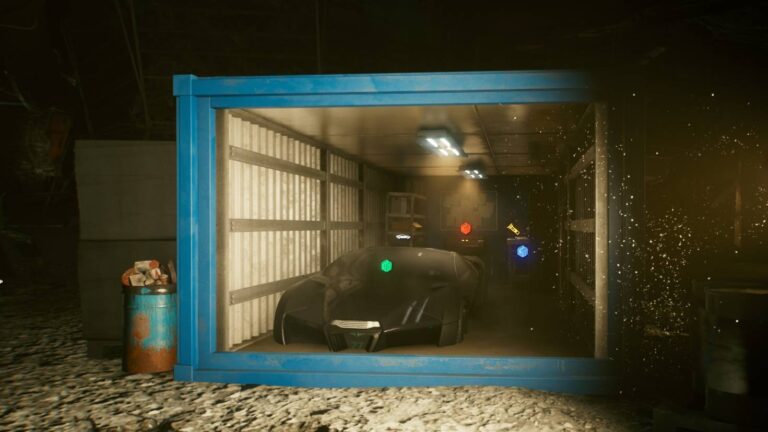 Cyberpunk 2077 Kleidung-Guide Blauer offener beleuchteter Container mit schwarzem Sportwagen darin