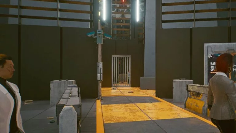 Cyberpunk 2077 Kleidung-Guide _Nach hinten versetzte Gittertür zwischen zwei Gebäuden