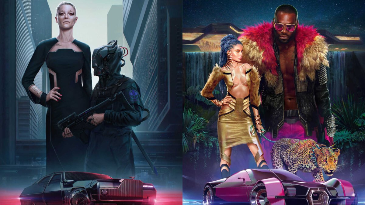 Cyberpunk 2077 clothing guide style examples for neo-militarism and neo-kitsch style with clothes and vehicles.