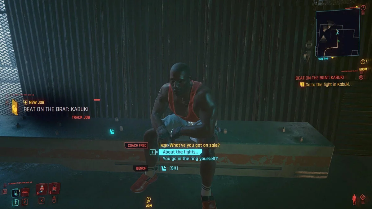 Cyberpunk 2077 Money Making Guide Coach Fred sits on a bench