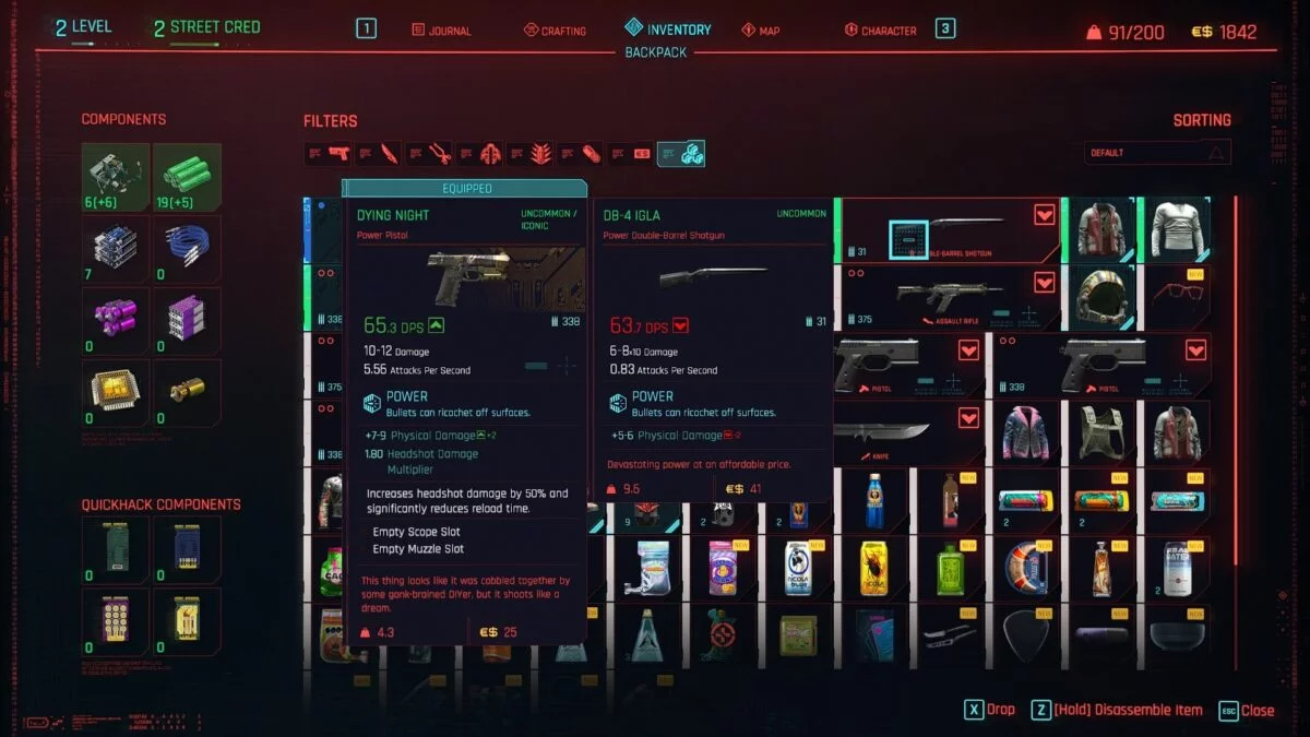 Cyberpunk 2077 inventory with display of received components when disassembling a weapon