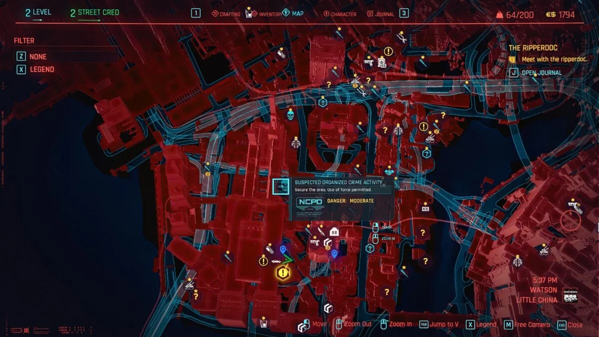 Cyberpunk 2077 Money Making Guide View of the Night City map with marked gang crime