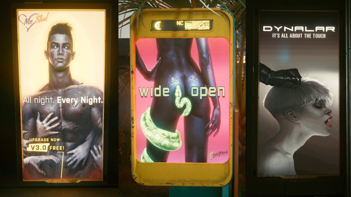 Cyberpunk 2077 Sex-Kolumne Drei Werbeschilder mit sexualisierter Werbung