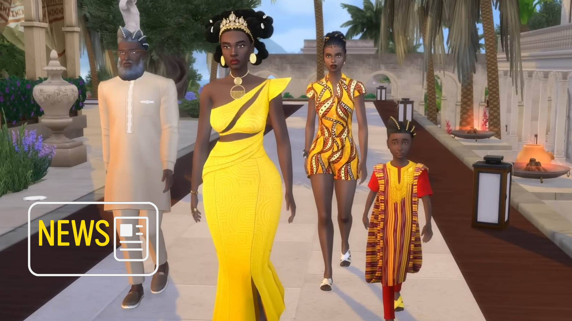 Mehrere Menschen in Gelb und Rot gekleidet, laufen den Weg entlang.