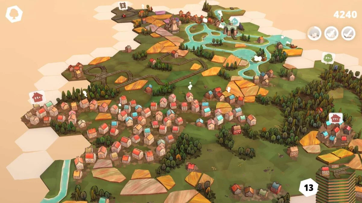 Dorfromantik Spielfläche aus hexagonalen aneinander gelegten Landschafts-Kärtchen mit Lücken