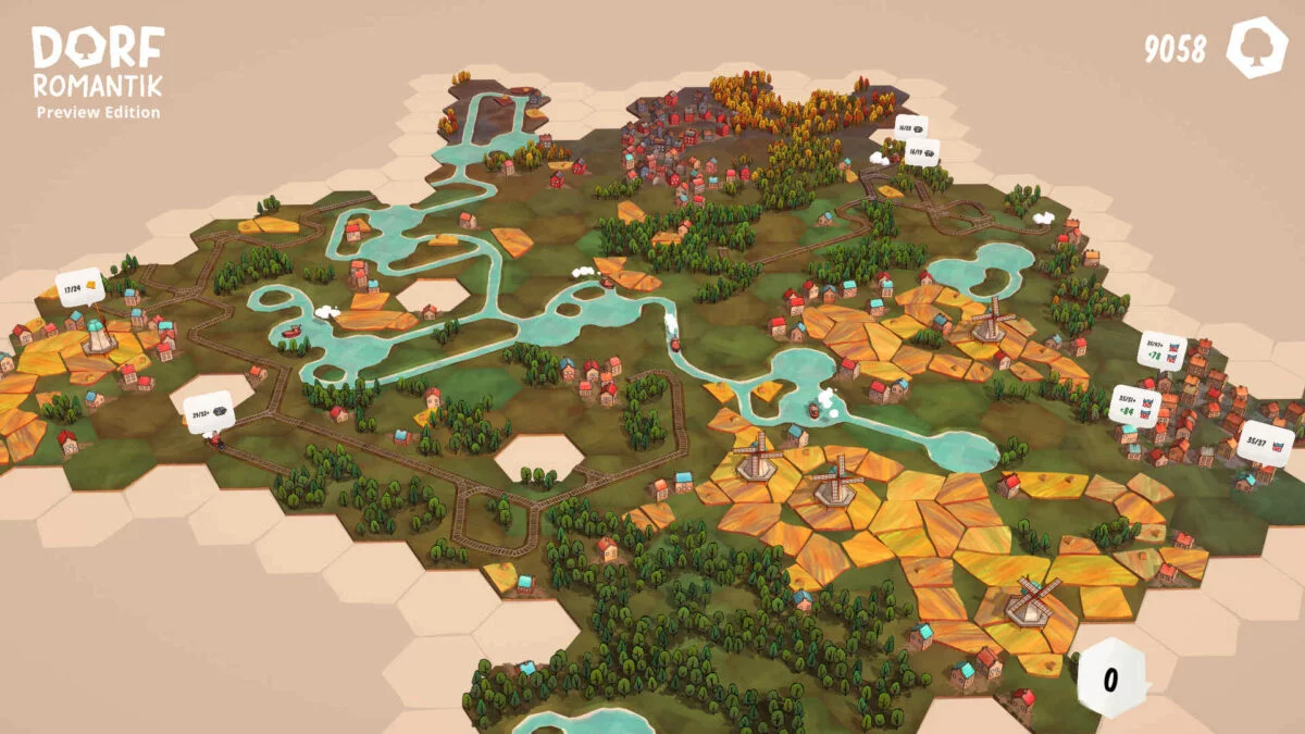 Dorfromantik große Spielfläche aus aneinander gelegten hexagonalen Kärtchen mit Wäldern, Feldern, Dörfern und Gewässern