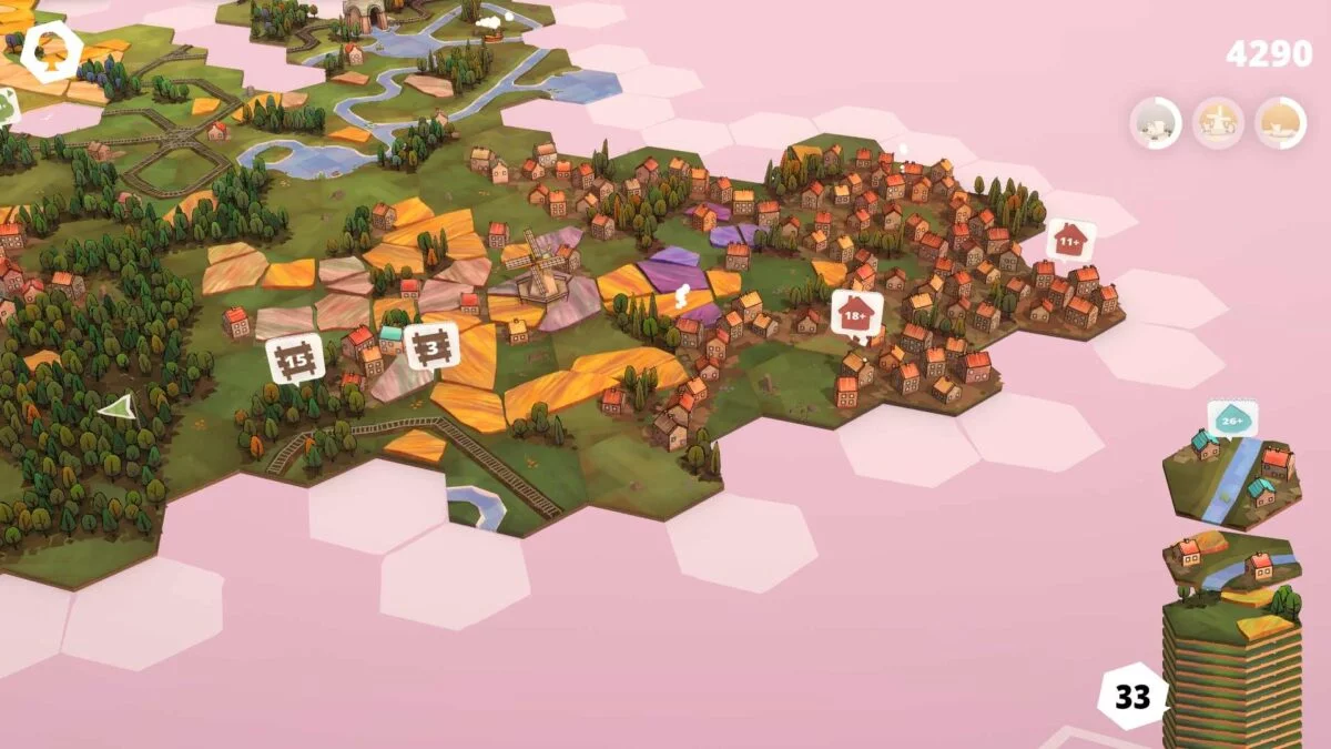 Dorfromantik Spielfläche mit zwei offenen Eisenbahn-Quests und größerer Menge bereits gelegter Kärtchen