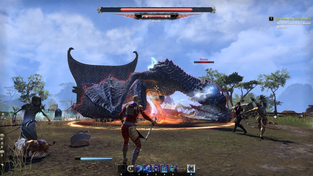 Player group fights a dragon together