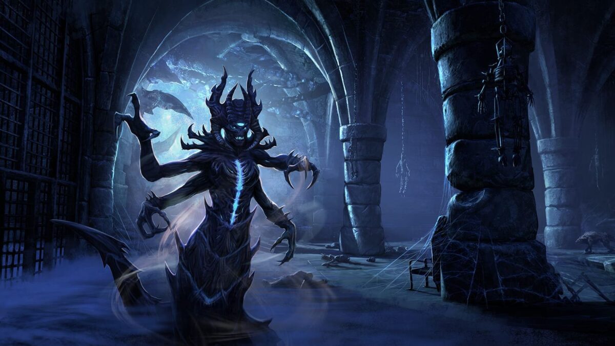Four-armed Daedra demon sneaks through dark dungeon