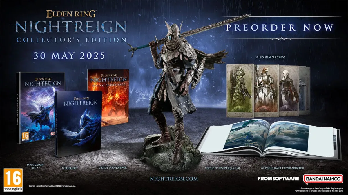 Elden Ring Nightreign Collector's Edition mit Spielbox, Steelbook, Soundtrack, Wylder-Statue, Artbook und Sammelkarten, erscheint 30.05.2025.