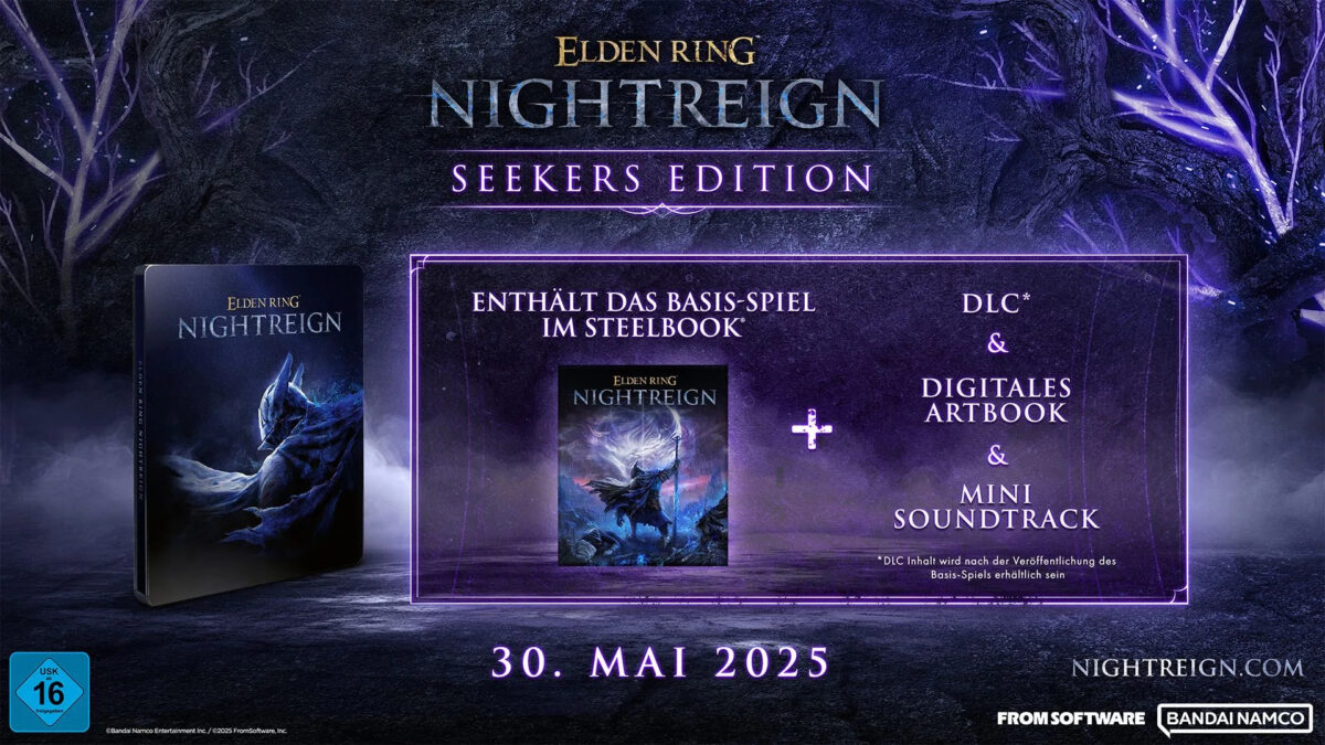 Werbebanner für Elden Ring Nightreign Seekers Edition mit Steelbook, DLC, digitalem Artbook und Soundtrack, Veröffentlichung 30. Mai 2025.