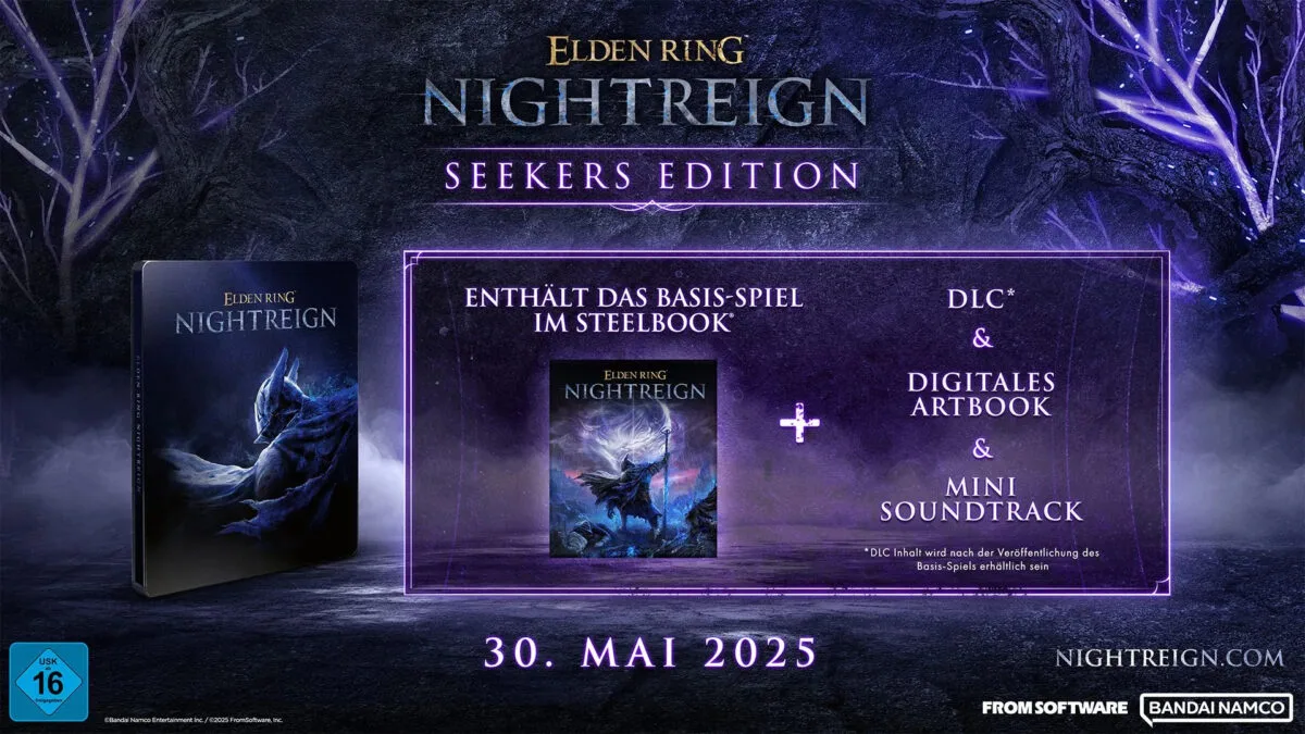 Werbebanner für Elden Ring Nightreign Seekers Edition mit Steelbook, DLC, digitalem Artbook und Soundtrack, Veröffentlichung 30. Mai 2025.