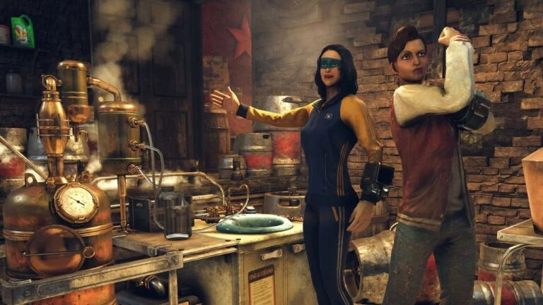Zwei Frauen posieren vor der Braustation von Fallout 76